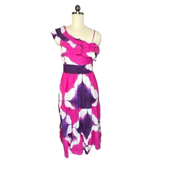 Busayo Collective Purple and Pink Tie Dye Ruffle One-Shoulder Midi Dress | 6 - Picture 3 of 12